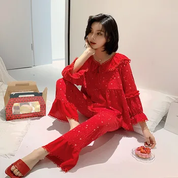 

20 New Seersucker Dot Print Home Clothes Ladies Spring and Autumn Cotton Korean Long-sleeved Pajama Set Red Pyjamas Women