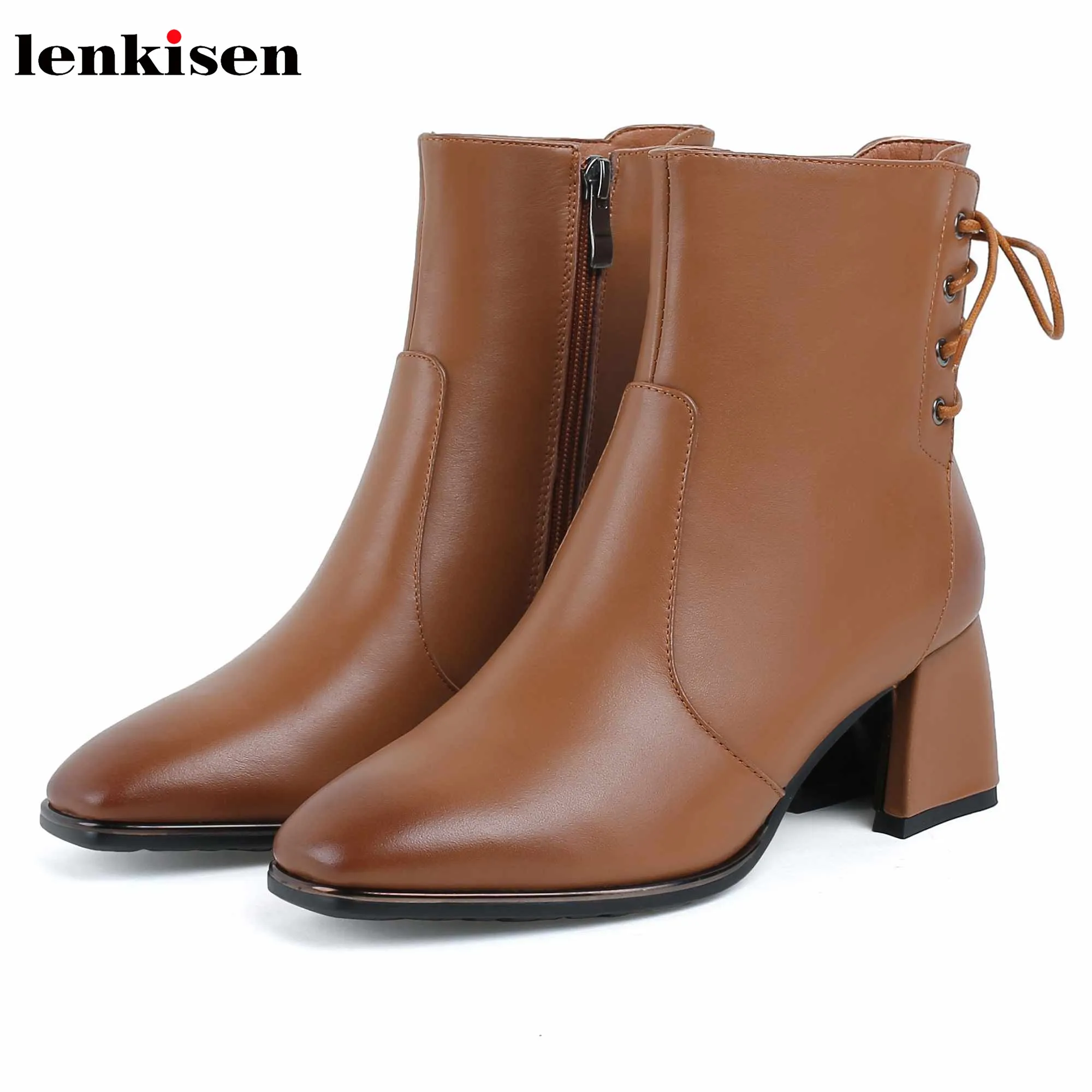 

Lenkisen real cow leather high heels square toe gentle design cross-tied office lady winter keep warm women ankle boots L4f1