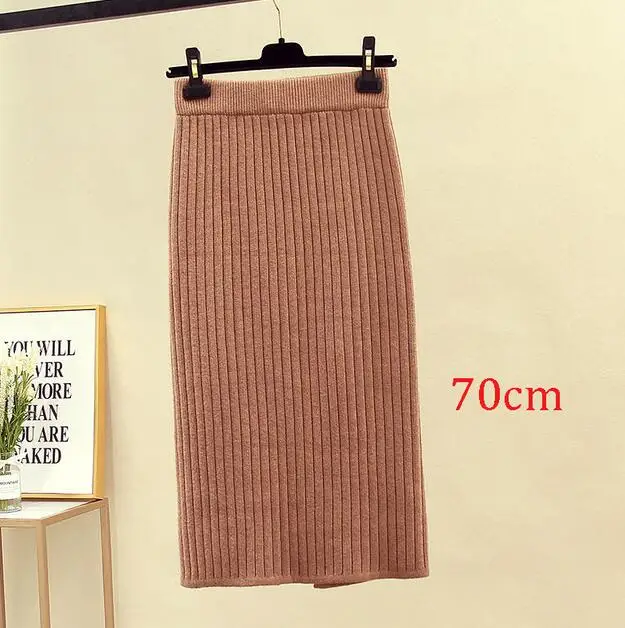 Khaki 70cm Женская юбка-карандаш с высокой талией, Осень-зима, элегантная облегающая трикотажная юбка, черная однотонная женская офисная длинная юбка, jupe femme - Цвет: Khaki 70cm