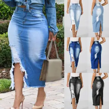 

Women Fashion High Waist Ripped Split Denim Distressed Jeans Bodycon Long Skirt