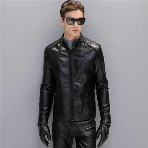 Мужские куртки и пальто из натуральной кожи, мотоциклетные байкерские зимние теплые модные куртки на молнии с воротником-стойкой, приталенная брендовая мужская классическая Куртка - Цвет: Black