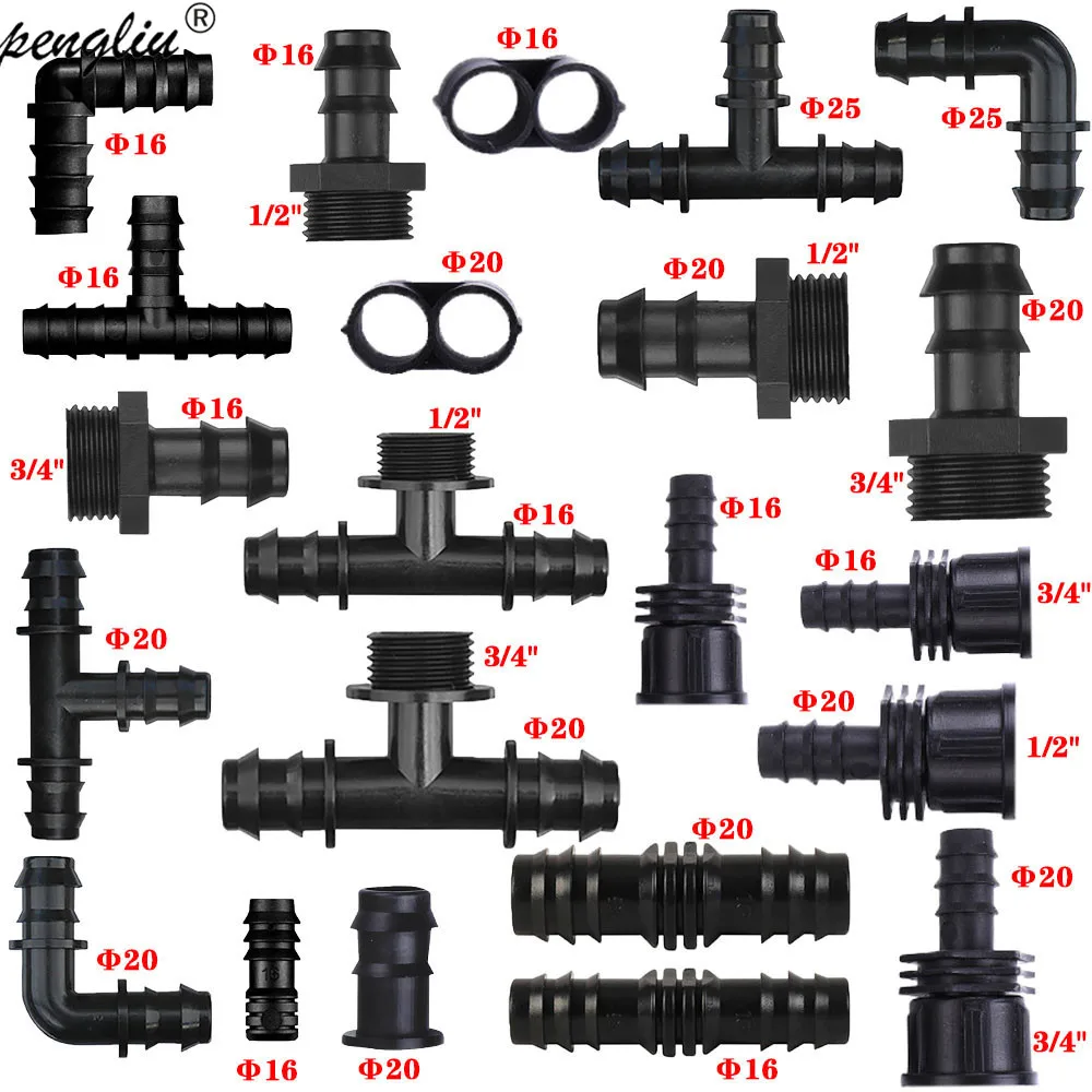 Garden Irrigation PE Tubing Fitting 16 20 25mm Tee Elbow Equal Threaded Barb Connector End Plug Micro Drip Adapter for Garden 50pcs plastic tee joint hoses coupling connector irrigation drip system for 3 way 4 7mm t joint micro drip irrigation tool