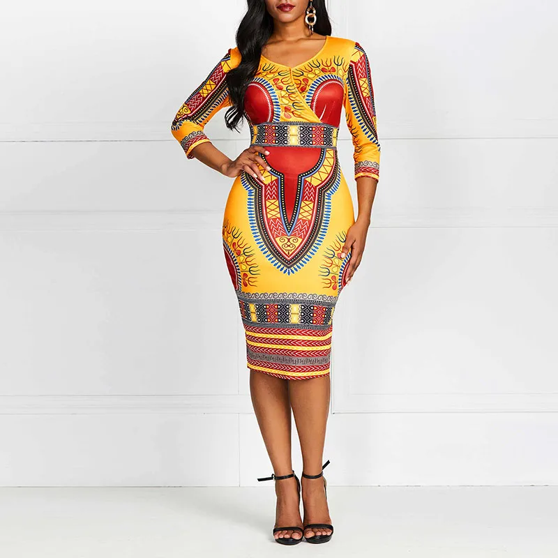 

Fashion Ethnic Print African Dress Women Office Sexy Bodycon High Waist Slim Street Casual Party Female Autumn Midi Dresses 2019