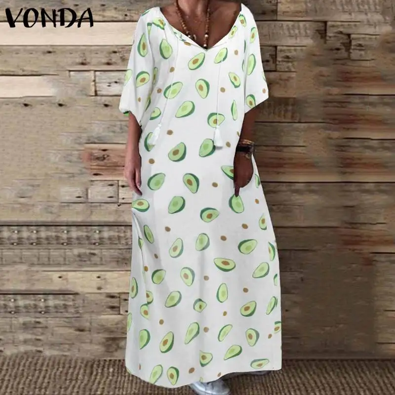 VONDA, винтажное платье с принтом, повседневные свободные макси платья с круглым вырезом и принтом авокадо, с длинными рукавами, большие размеры, Vestidos 5XL, сарафан