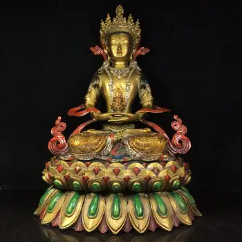

13" Tibet Buddhism Temple Bronze Painted Longevity Buddha Statue of Immeasurable Wisdom Avalokitesvara Enshrine the Buddha