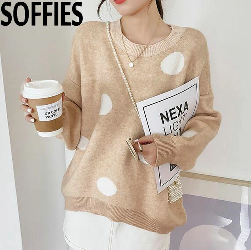Осенний свитер женский пуловер милый вязаный джемпер в горошек с круглым вырезом Повседневный трикотаж