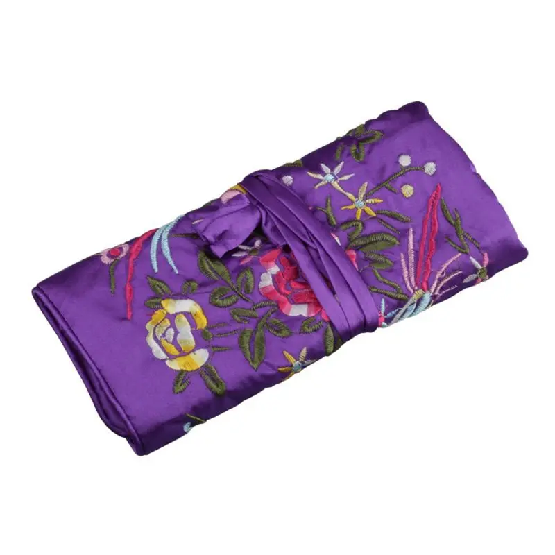 Oriental Silk Jewellery Roll Wrap Jewelry Pouch Organizer Travel Storage Case - Цвет: Фиолетовый