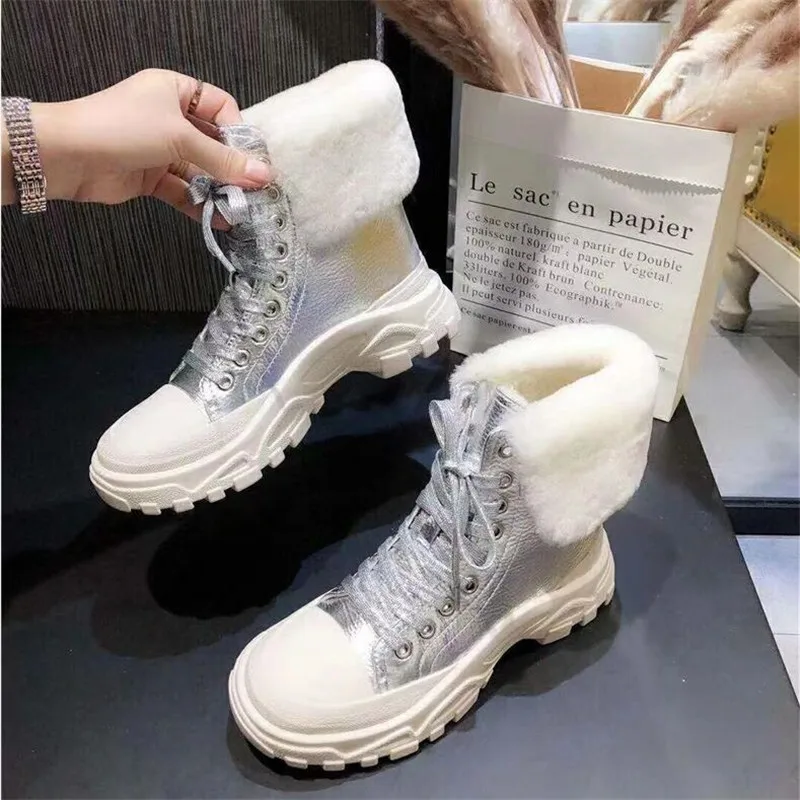 

2019 Winter New Wool Vulcanized Women's Boots Fashion Genuine Leather Thick Bottom Lacing Warm Cotton Shoes Casual Cozy Bootie