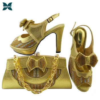 

2020 Latest Gold Color Italian design Ladies Shoes and Bags To Match Set Nigerian Shoes and Matching Bag Set for Party