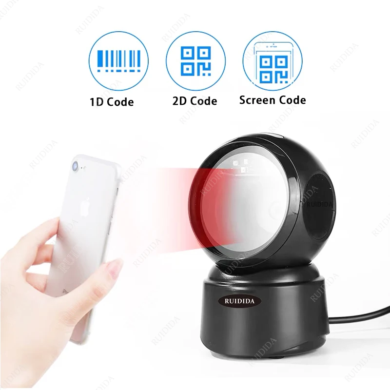 1D/2D Desktop Barcode Scanner Omnidirectional USB Wired Barcode Reader Platform Scanner Automatic Sensing Scanning for Store PDF