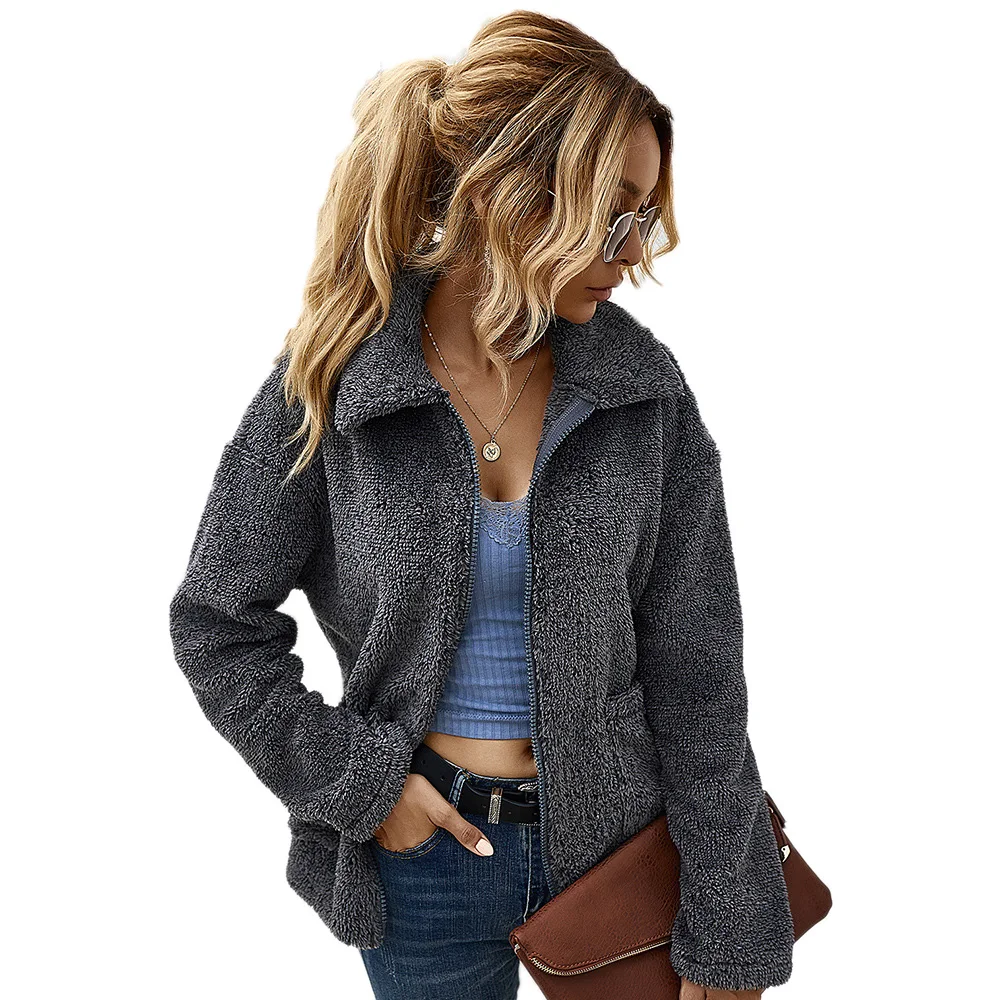 

Cardigan Thick Weater Zipper Solid Color Turn Down Collar Long Sleeve Knitted Loose Women Autumn Winter Soft Warm Coat
