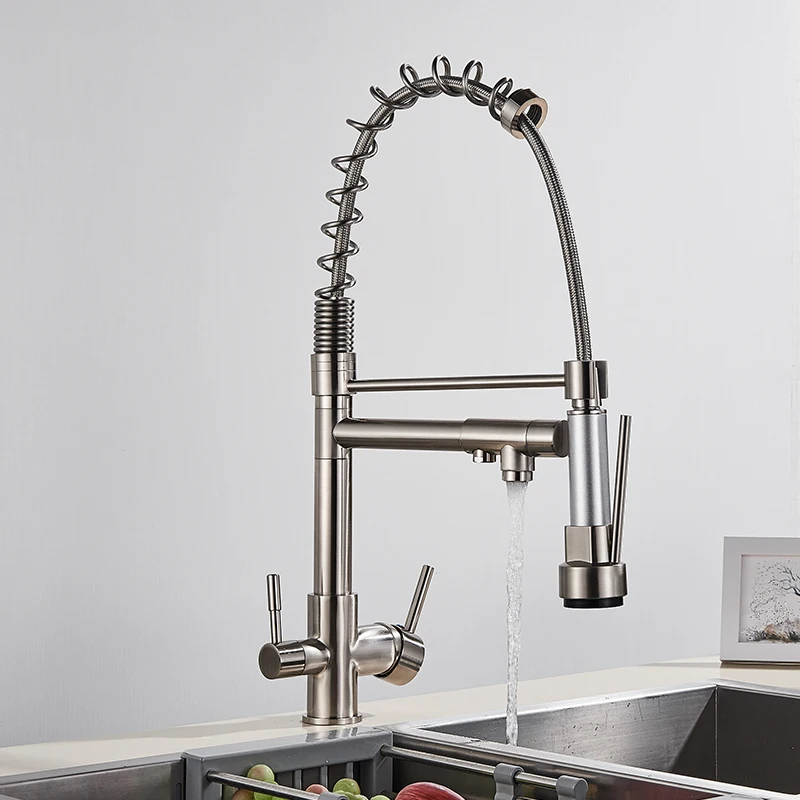 Pure Drinking Water Kitchen Faucet Brushed Nickel Dual Handle Mixer Tap 360 Rotate Purified Water Pull Out Spray Stream Head Tap white undermount kitchen sink