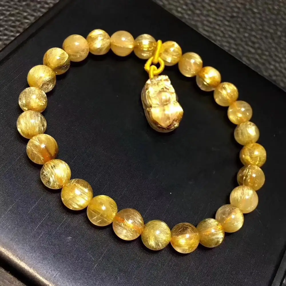 

Top Quality Natural Brazil Gold Rutilated Titanium Quartz Bracelet 7mm Pi Xiu Woman Man Round Beads Wealthy Crystal AAAAAA