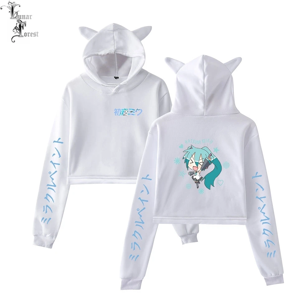 

Kawaii Cute VOCALOID Hatsune Miku Long Sleeve Cropped Hoodies Sweatshirt Women Cat Ear Hooded Pullover Crop Tops Hoodie