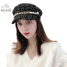 WELROG клетчатая твидовая Кепка с цепочкой черная белая плоская шляпа Весенняя восьмиугольная темно-синяя шляпа Женская британская ретро Кепка Newsboy Кепка s Козырек Кепка s