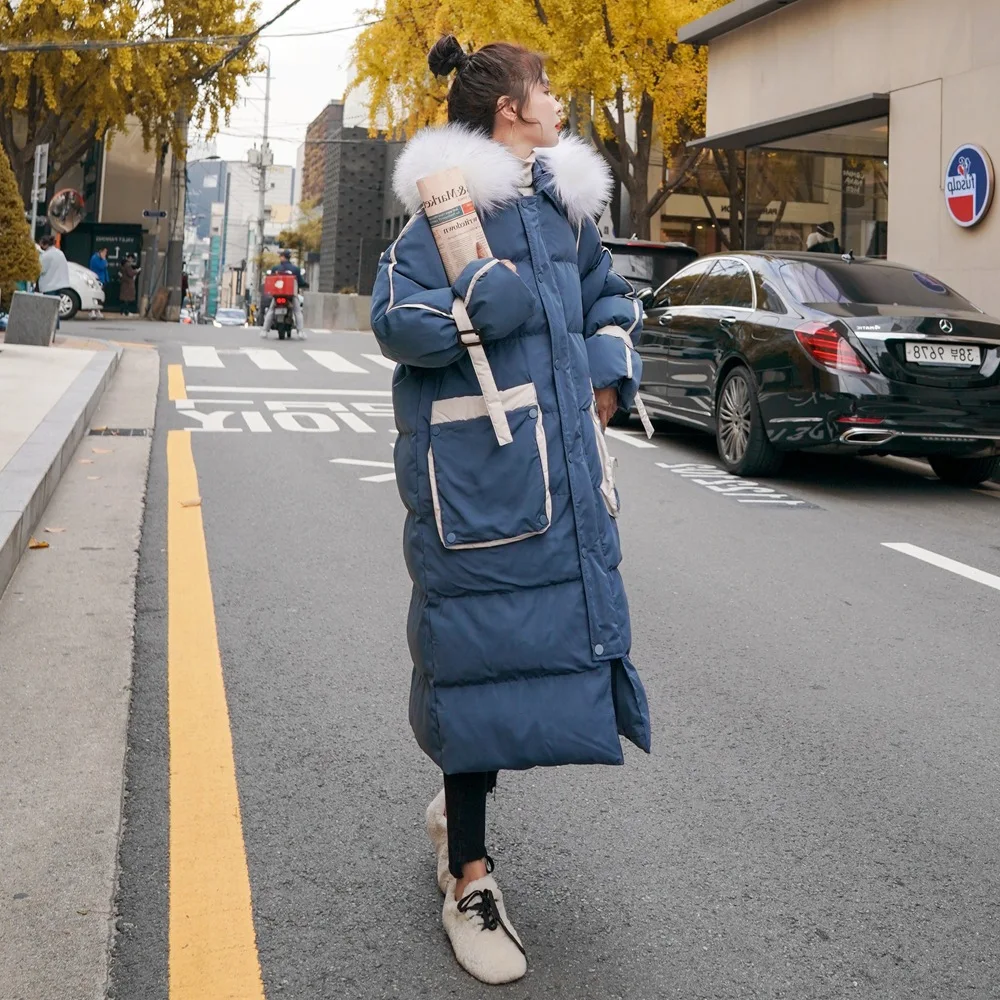 

Photo Shoot Large Fur Collar Cotton Overcoat 2019 Winter New Style Retro Big Pocket Contrast Color Long down Cotton Cotton Coat