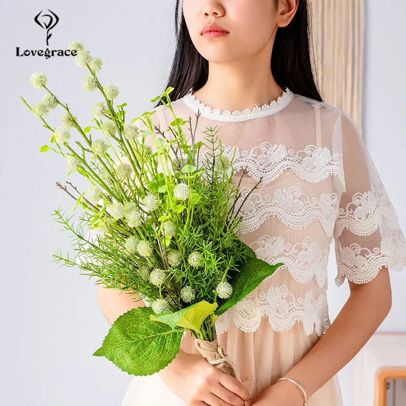 Lovegrace Bridal Wedding Long Bouquet Artificial Silk Pompon Flowers Fake Pine Needles Leaves Pink Photography Supplies | Свадьбы и