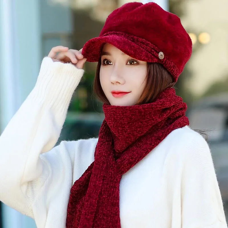 HANGYUNXUANHAO Women French Beret Hat Scarf Set Winter Warm Lady Hat Chenille Elegant Beanie Cap