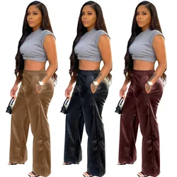 Pantalon Long en cuir PU noir pour femme, jambes larges, décontracté, taille élastique, une pièce, mode automne 2022, S 2XL 