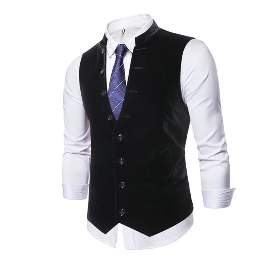Autumn Winter Mens Vest Suit Casual Mens Sleeveless Suit Vest Solid Color Black Cotton Single Breasted Men's Waistcoat Gilet