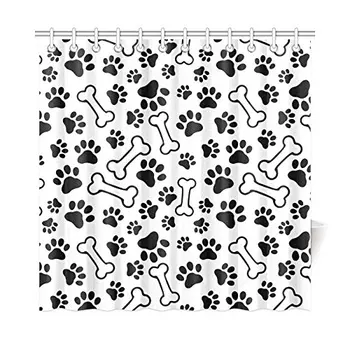 

Funny Dog Bone and Paw Prints Footprint House Decor Shower Curtain for Bathroom, Decorative Fabric Bath Curtain Set with Rings,