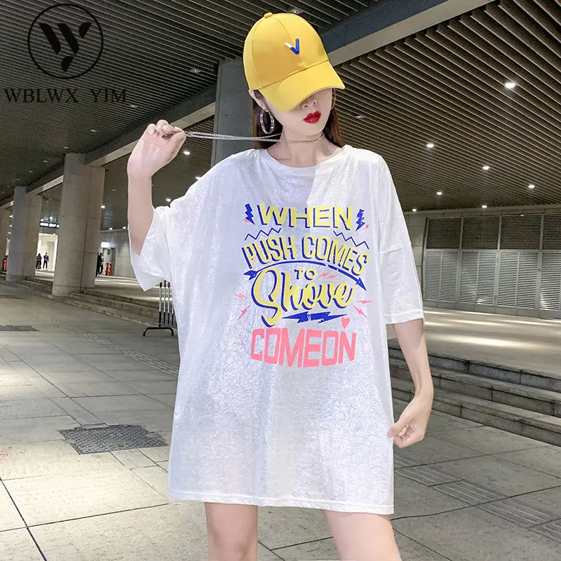 Camiseta larga de manga corta con redondo para mujer, Tops holgados de talla grande, Camisetas estampadas para mujer, camisetas brillantes de Hip hop callejero para mujer - AliExpress Ropa de mujer