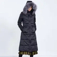 Зима, хорошее качество, толстый теплый пушистый 90% натуральный утиный пуховик, Женское пальто с лисьим мехом, с капюшоном, толстое х-длинное теплое пуховое пальто, wq127