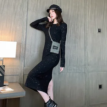 

M Sequins Black Elegant Women Maxi Long Dress Autumn New Fashion Female Long Sleeve Slim Rear Fork Dresses Hot Y6