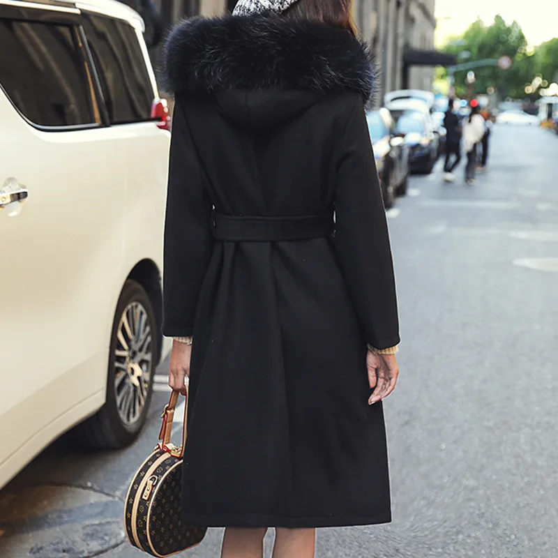 Повседневное длинное шерстяное пальто женское зимнее черное теплое Женское пальто с меховым капюшоном корейское женское модное пальто