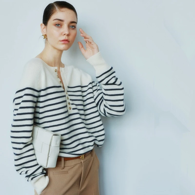 価格比較 女性用カシミヤセーター ラウンドネック フレンチスタイル オープンカラー ボタン 水平ストライプ 長袖 ニット アウトレット 東京 Agosto Com Tr