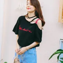 Футболка однотонная хлопковая Футболка с бретельками женские буквы-наклейки сексуальный О-вырез летние топы Новые тонкие с открытыми плечами новая одежда