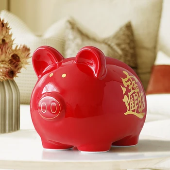 

Ceramic Chinese Red Cute Pig Money box gift for Children kids Cute piggy bank pig figurine Money coins saving box storage box