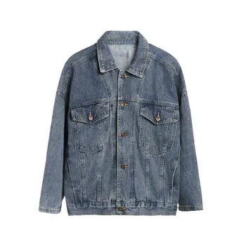 

Women Basical Jean Jacket Bleach Solid Turn-down Colla Loose Casual Blue Fashionable Female Coats Outwear Denim Jacket Feminine