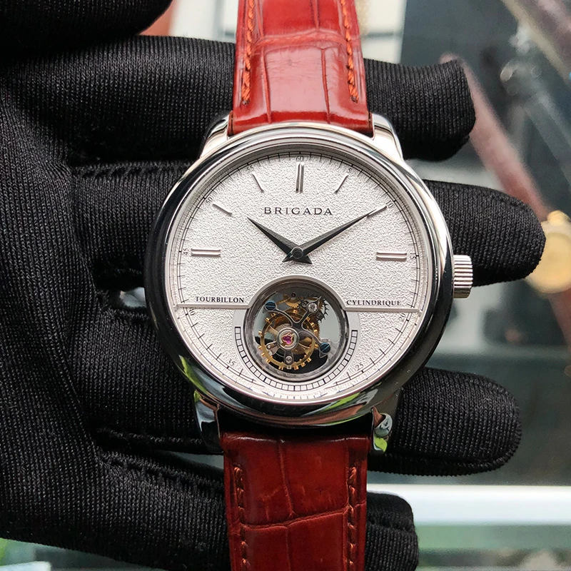 Классические мужские часы с двойным сапфировым циферблатом и турбийоном ST8002, Механические Мужские наручные часы с Т-образным ремешком