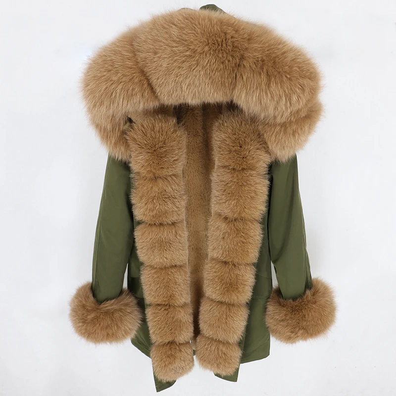 green camel Натуральный мех Водонепроницаемая парка зимняя куртка женская натуральный Лисий меховой капюшон, воротник манжеты Пальто Толстая теплая верхняя одежда Уличная Повседневная - Цвет: green camel