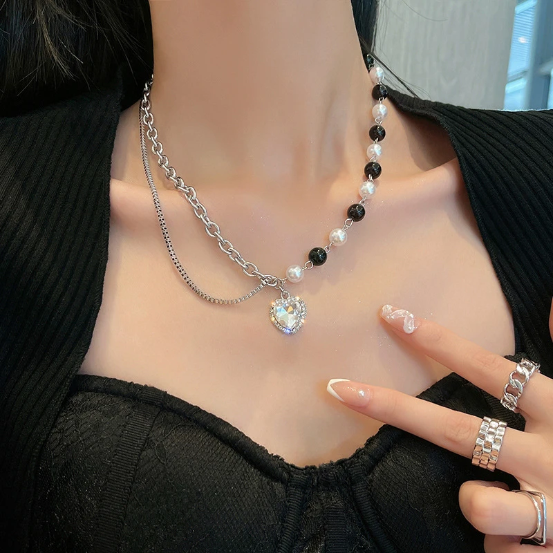 Collar de cadena con cuentas blancas y negras para mujer, Gargantilla con colgante de cristal y estilo Hip hop, joyería para chica dulce, 2022|Collares colgantes| - AliExpress