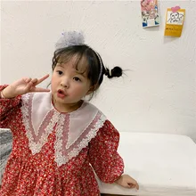 Весна, Новое поступление, платье с цветочным рисунком и длинными рукавами для девочек, детские платья с кружевным воротником и длинными рукавами, платье для девочек