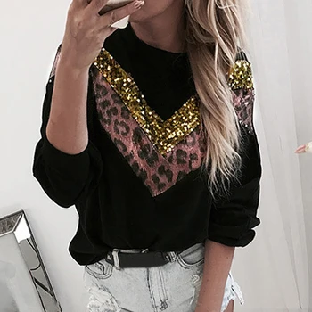

Fashion Casual Leopard Chic Women Long Sleeve Sequins Patchwork Stitching Sweatshirt Autumn Teen Girls Sweatshirt Tops