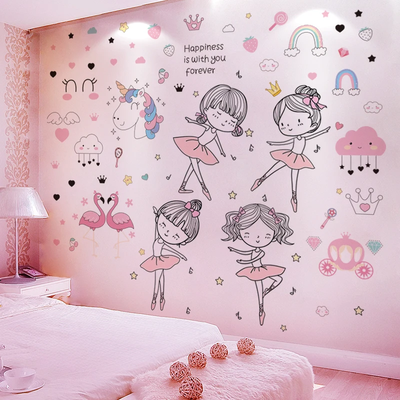 

[shijuekongjian] Cartoon Unicorn Flamingos Wall Stickers DIY Ballet Girl Wall Decals for Kids Room Baby Bedroom Home Decoration