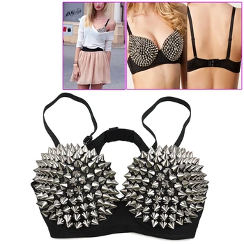 

Women Sexy Silver Tone Metallic Punk Spike Studs Gather Rivet Bra Bralet - 38(silver)