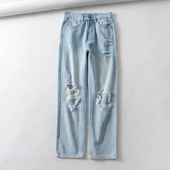 

Women 2019 Autumn Straight High Waist Empire Boyfriend Ripped Distressed Jeans Pants Streetwear