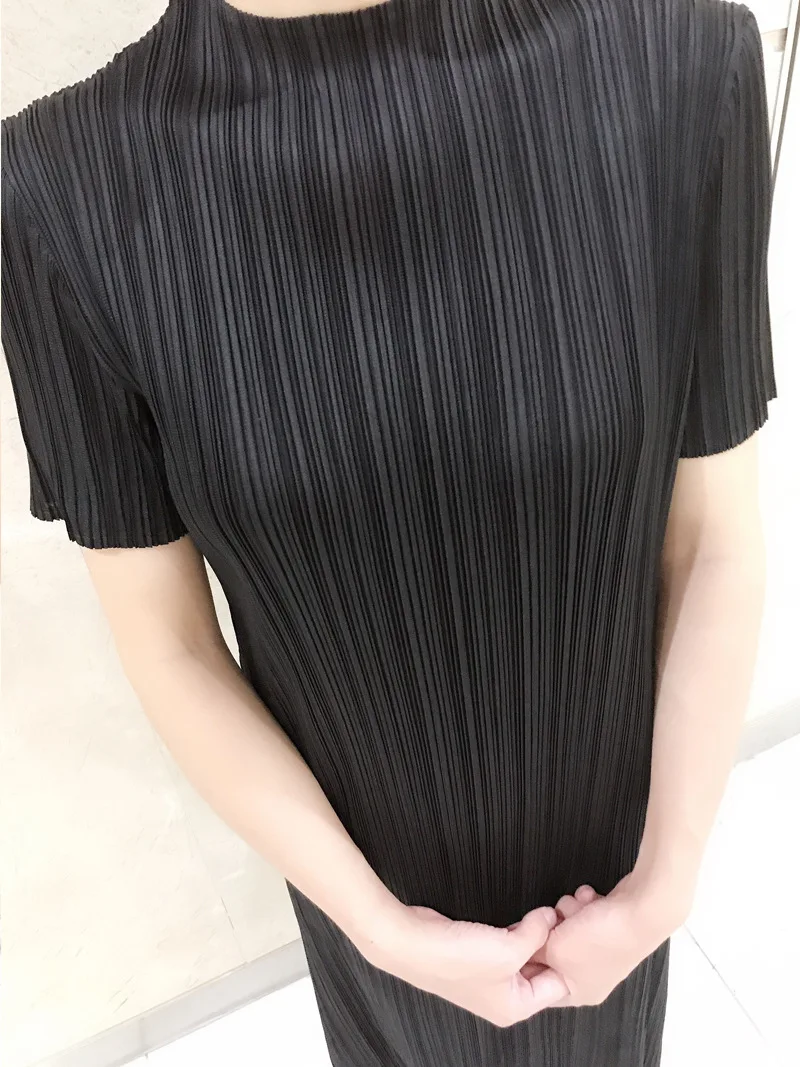 Летние плиссированные платья Miyake, высокое качество, однотонное женское платье до середины икры с полустоячим воротником, плюс размер, хлопковое длинное платье