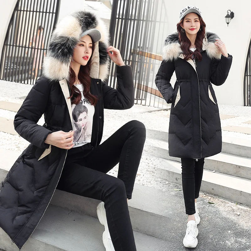 

2019 Winter New Style Korean-style Drawstring Artificial Fur Collar Hooded Mid-length down Jacket Cotton-padded Clothes Thick Co