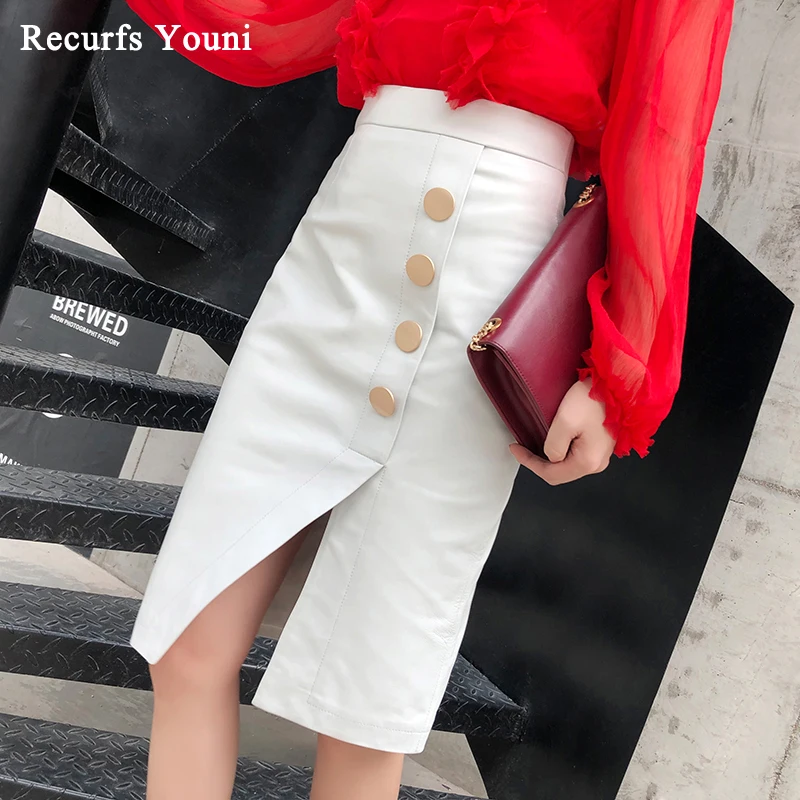

Faldas Mujer Moda 2019 Winter Womens Genuine Leather Simple Golden Buttons Midi Long Skirt Femme Slit Jupe Black/White Saias