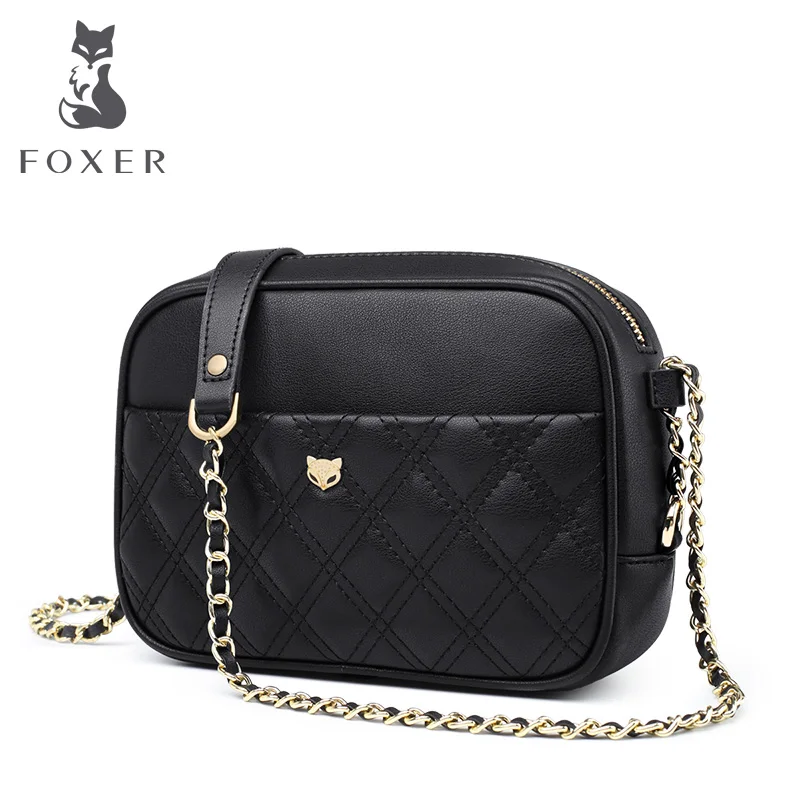 Tanie FOXER urząd Lady torba na ramię ze skóry wołowej kobiety moda diament torba Crossbody miękka czarny łańcuch pasek na ramię Messenger torba na dziewczynę