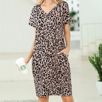 

Short Sleeve Dress Women V-neck Dress 2020 Summer Loose T Shirt Dress Fashion Printed Dresses Leopard harajuku vestido