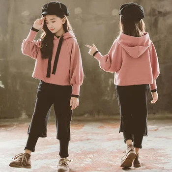 

New Children Girl Long Sleeve Hooded Sweatshirt +Pants 2 Pcs Set Spring Autumn Warm Girls Clothes Age For 3 4 6 8 10 12 Year