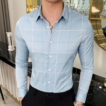

2020 Business Casual Shirt Men Fashion Korean Slim Plaid Long-sleeved Shirt Male Japanese Long Sleeve Simple Plaid Shirt