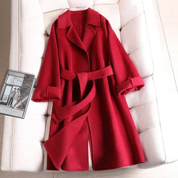 

Loose Mid-Length Wool Overcoat With Lace-up 2020 Women Autumn Vintage Chic Coats Lapel Solid Color Female Clothes ropa mujer