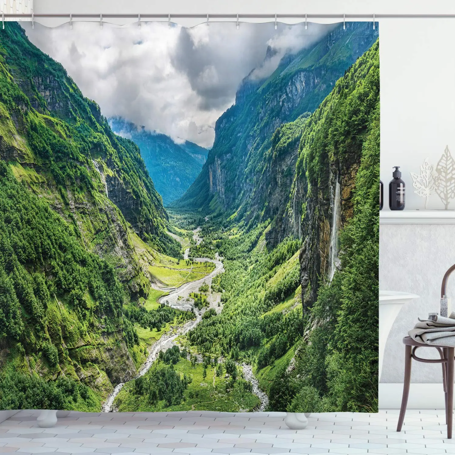 Lake House Decor Collection Valley Mountain Tree Mist Waterfall Canyon Alpine Landscape Mother Nature Theme Polyester Bathroom | Дом и сад
